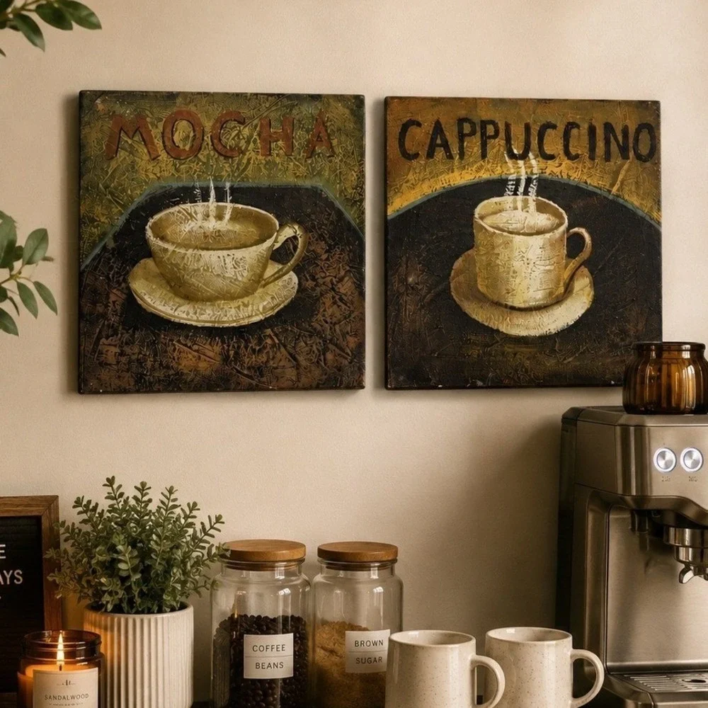 Coffee Wall Art Set Mocha Cappuccino 10x10 Brown 3D Textured Tuscan Kitchen